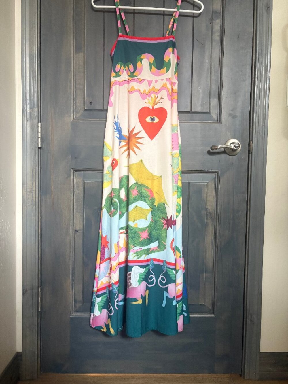 Feel Effortlessly Linen Blend Unique Print Smocked Back Pocketed Midi Dress M